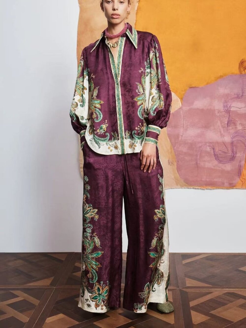 Zimmermann Blend Paisley Wide-Leg Pants - Plum & Cream Two-piece set.